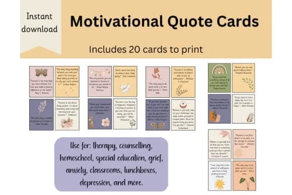 display of printable motivational quotes flashcard set