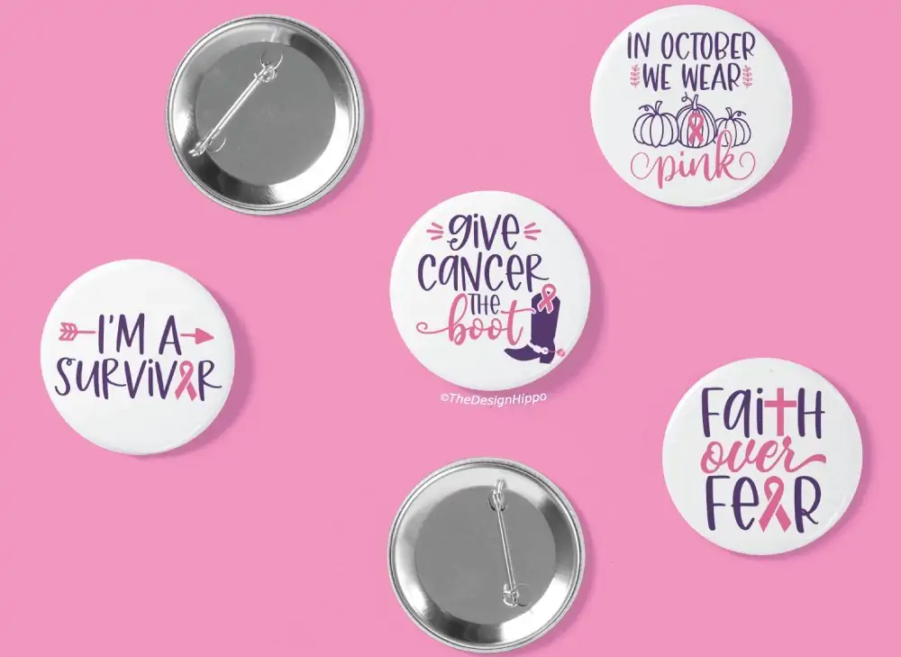cancer awareness buttons made with Cricut on a pink background