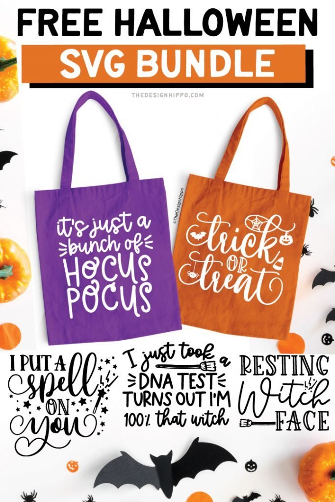 collage of free halloween SVG images along with a set of two tote bags made with Cricut