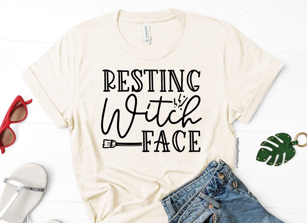 cream colored t-shirt with a funny Halloween design, resting witch face, made using a Cricut