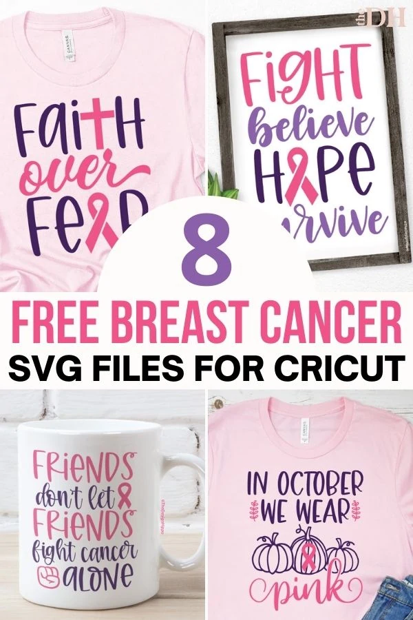 collage of free breast cancer SVG images on shirts, mug, and a sign