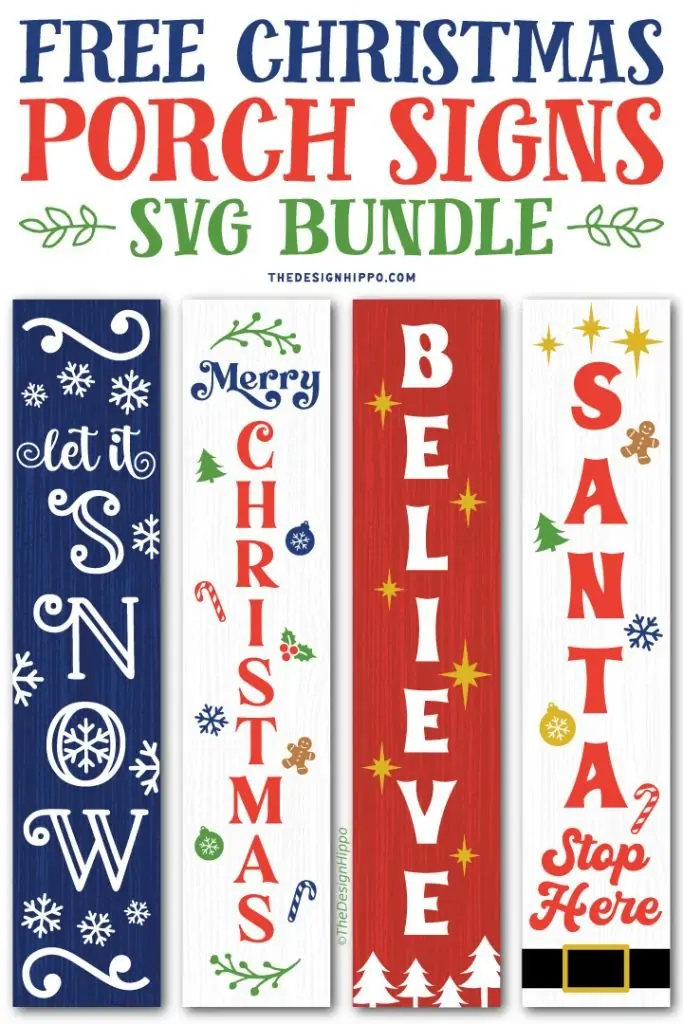 collage of free Christmas porch sign SVG designs along with a text on top 