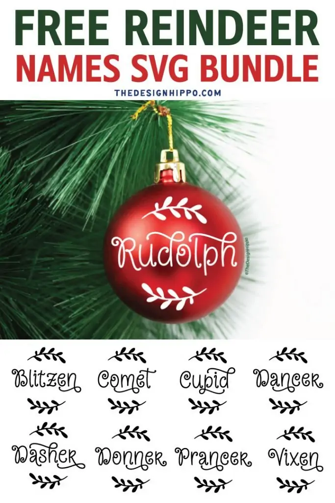 collage of free reindeer names SVG designs with an example Christmas ornament made using Cricut Maker