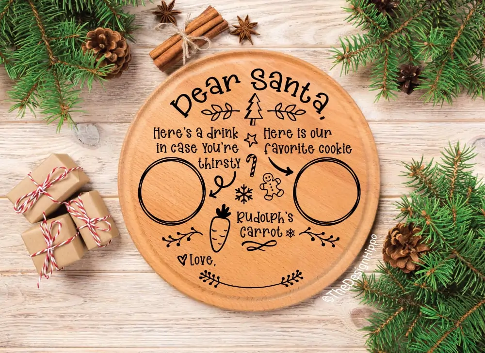 display of Santa plate SVG design on a round wooden serving plate