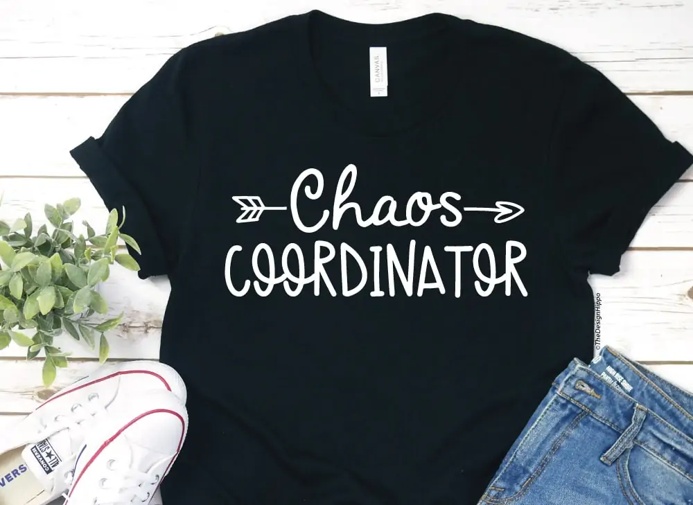 funny teacher shirt design, chaos coordinator, on a navy colored t-shirt made with Cricut Maker