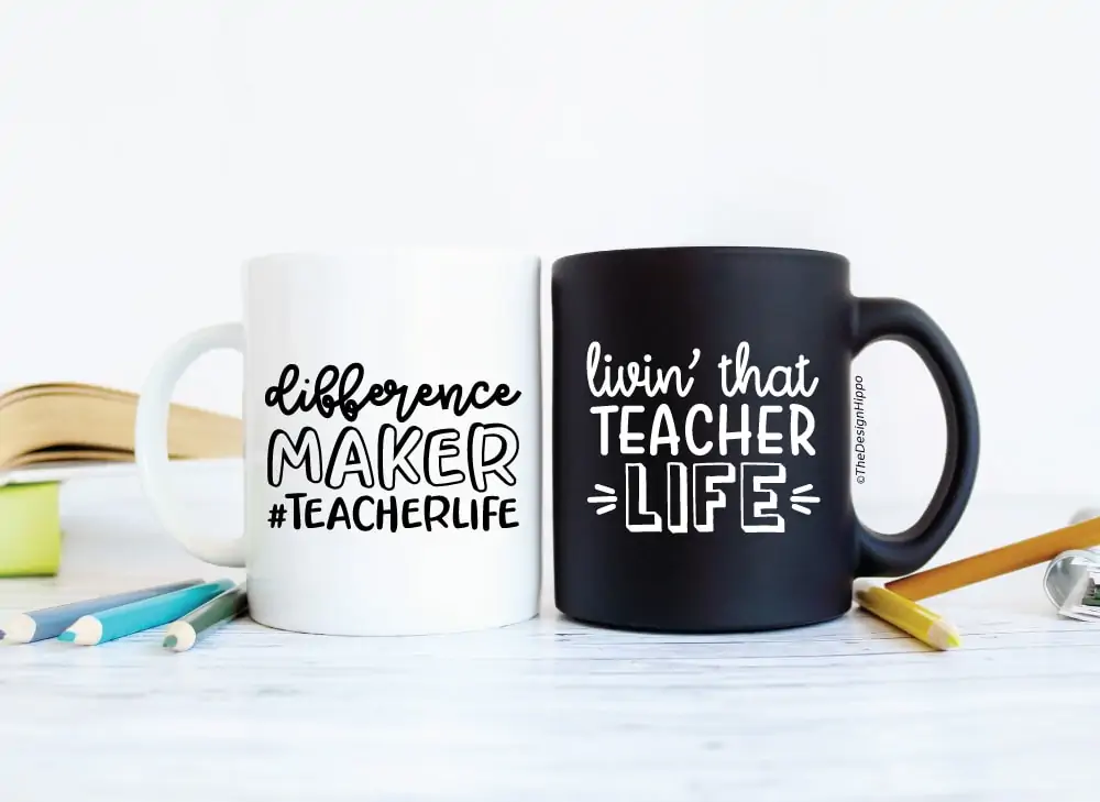 set of two free teacher life SVG designs displayed on white and black coffee mugs