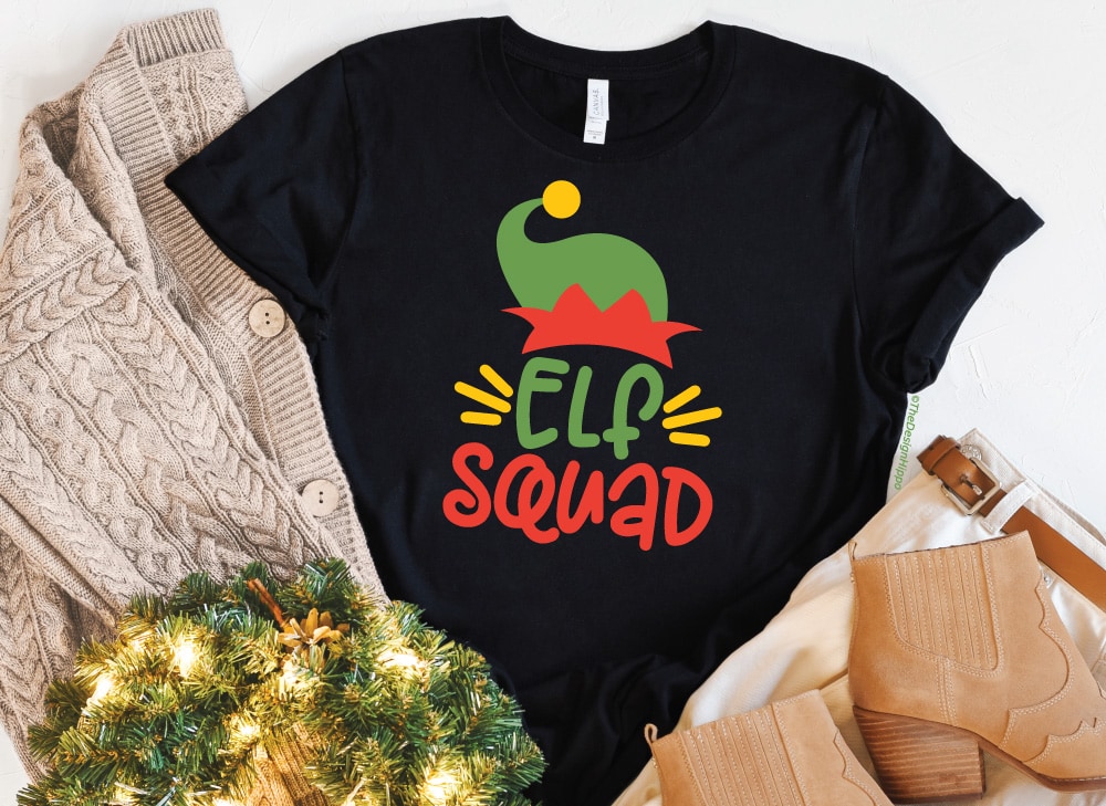 funny christmas svg design, elf squad with a hat, mocked up on a black t-shirt