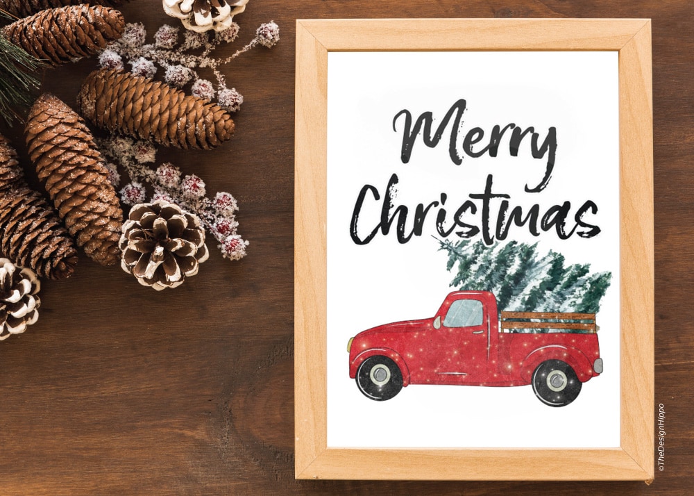 Free Merry Christmas Printable Red Truck with Snow and Trees