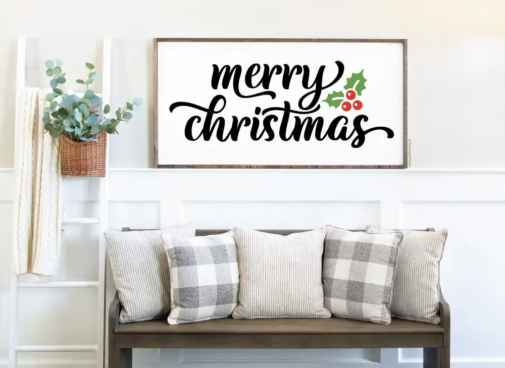 christmas design, merry christmas with mistletoe, mocked up on wood sign