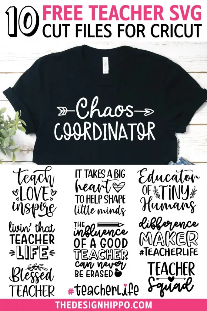 collage of teacher SVG images with the text "10 free teacher SVG cut files for Cricut"