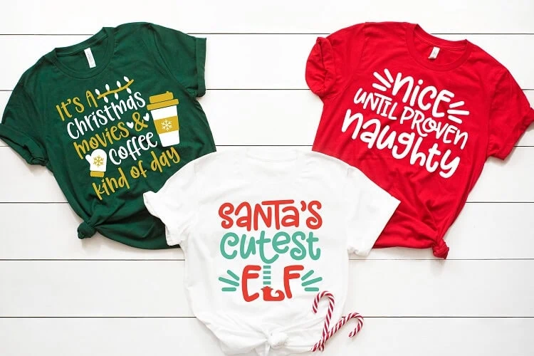 set of three colorful christmas t-shirts with funny quotes