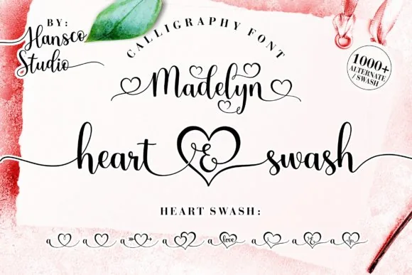 display of the Madelyn Heart font, a calligraphy font with heart tails and connecting hearts