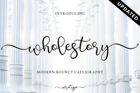 display of the Wholestory font, an elegant font with long tails