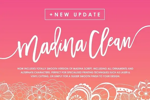 display of Madina font, an handwritten font with beautiful swashes