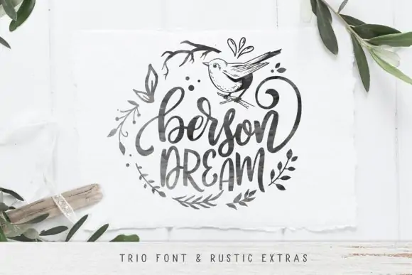 display of "Berson Dream" font, a rustic cursive font with tons of cute ornaments