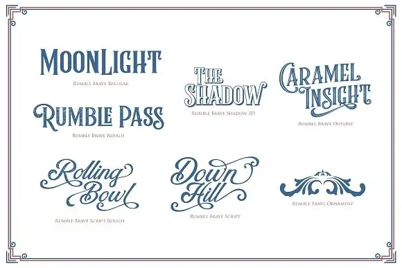 display of Rumbel Brave font collection with amazing font glyphs, ligatures, and extras
