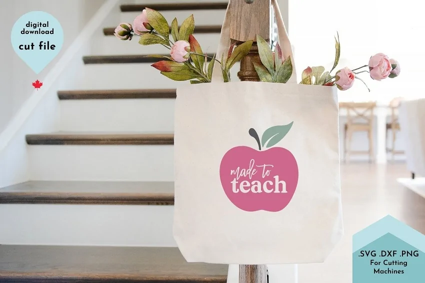 tote bag with a teacher appreciation quote hanging on a railing