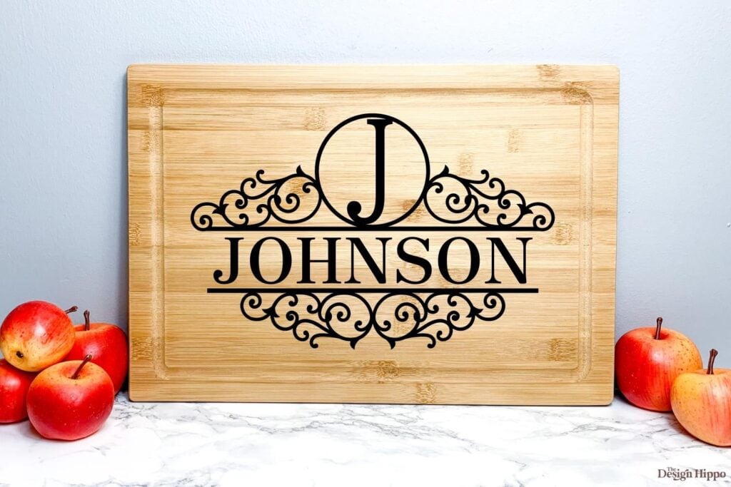 fancy family monogram design on a cutting boards