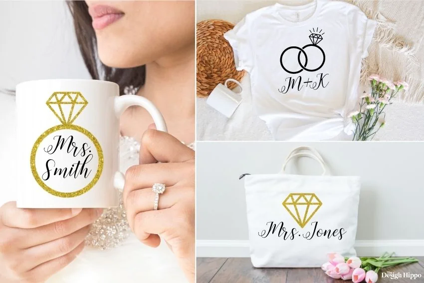 collage of wedding designs on a mug, shirt, and tote bag made with a cricut machine