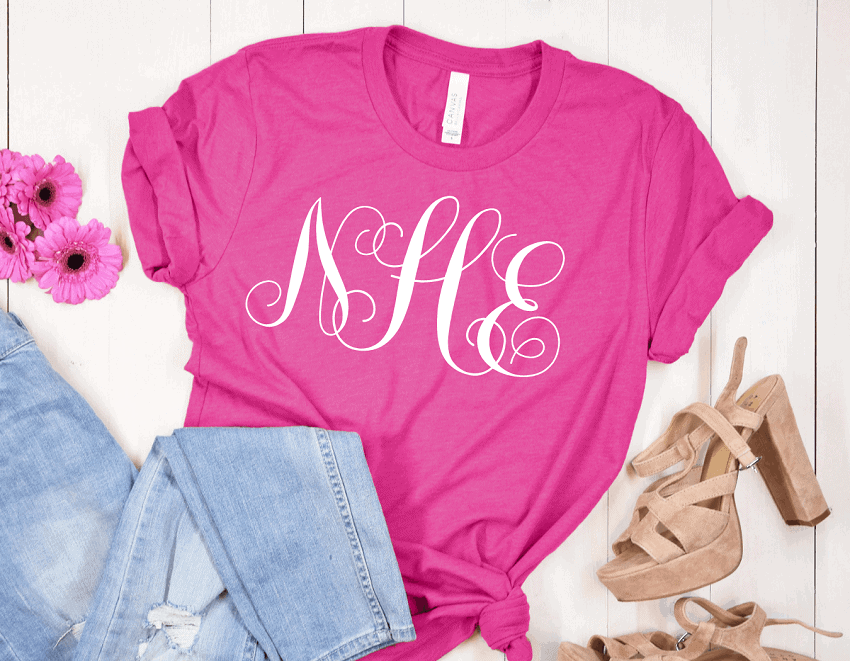 monogram initials made with cricut vinyl displayed on a shirt