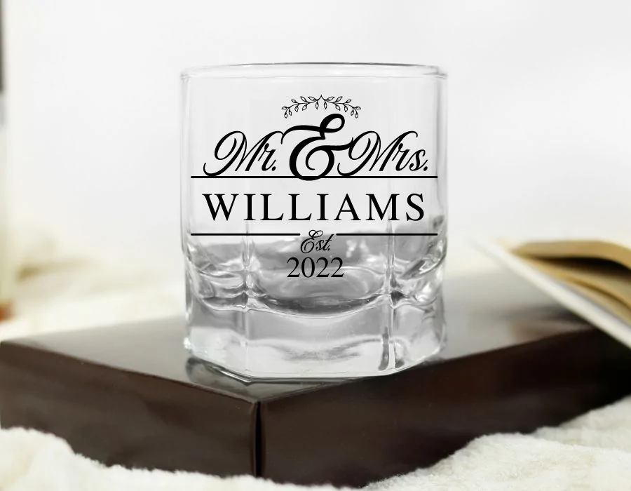 whiskey glasses with family name split monogram
