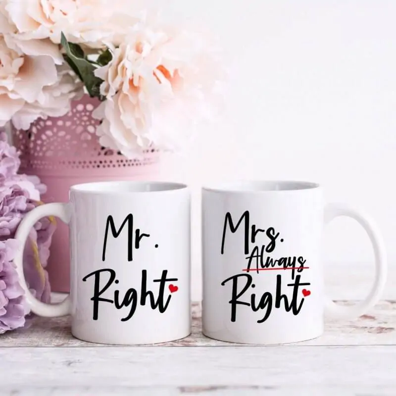 funny couple svg quotes displayed on two coffee mugs