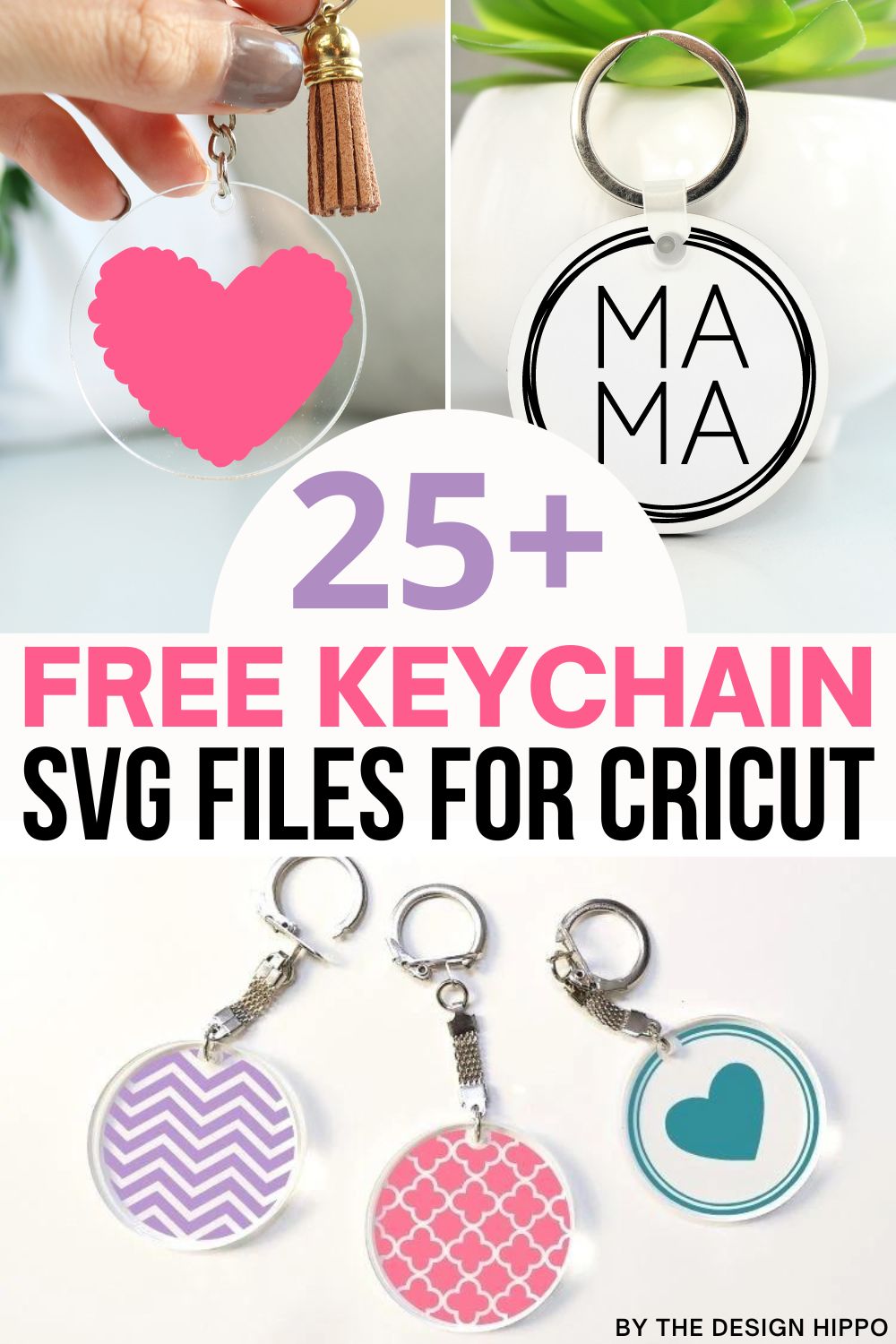collage of round acrylic keychains with the text "25+ free keychain svg files for Cricut"