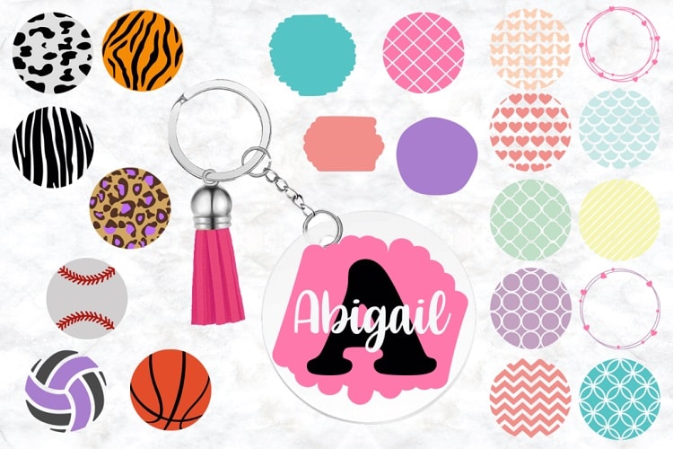 collage of free circle keychain background SVG images with an example round acrylic keychain in the middle