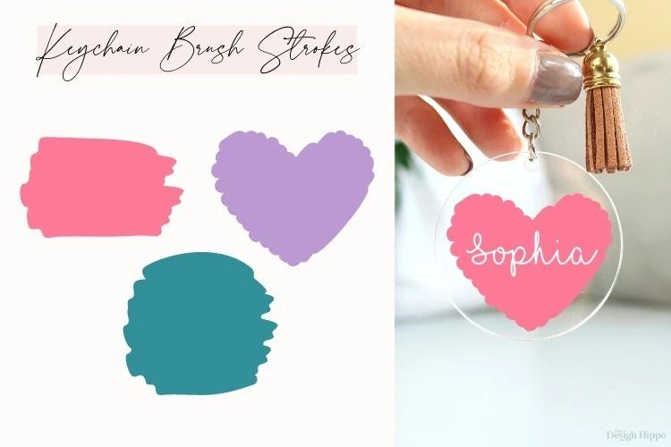 collage of paint brush stroke SVG designs with an round acrylic keychain example made with Cricut 