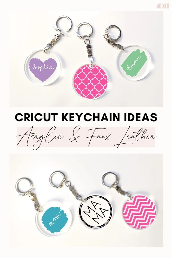 collage of Cricut keychain ideas displayed on six round acrylic keychains 