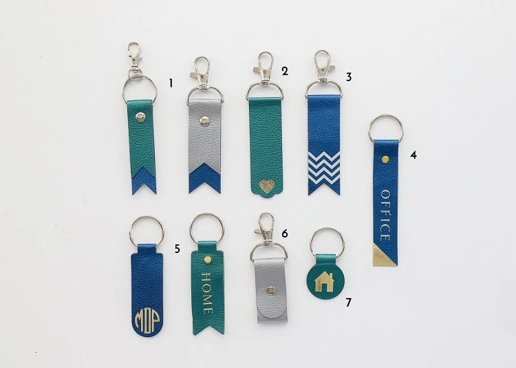 collage of Cricut keychain ideas for faux leather projects on a white background