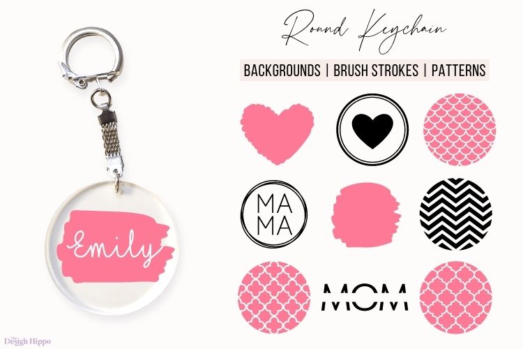 display of ten round keychain svg images with an acrylic keychain example made with Cricut Maker