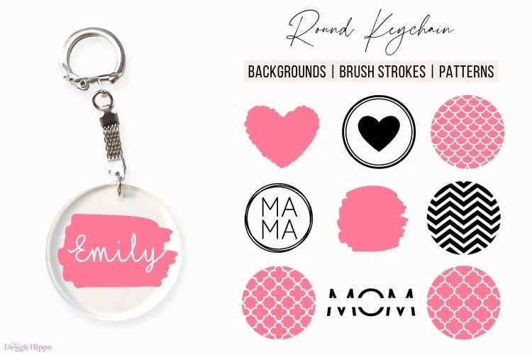 display of ten round keychain svg images with an acrylic keychain example made with Cricut Maker