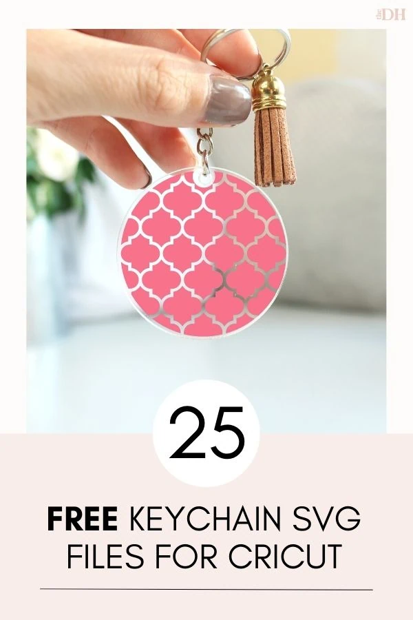 keychain SVG design on a round acrylic keychain along with the text "25 free keychain SVG files for Cricut"