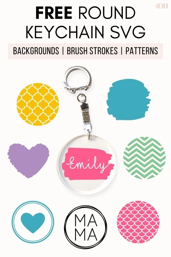 collage of round keychain SVG designs with an acrylic keychain in the middle along with the text - free round keychain svg