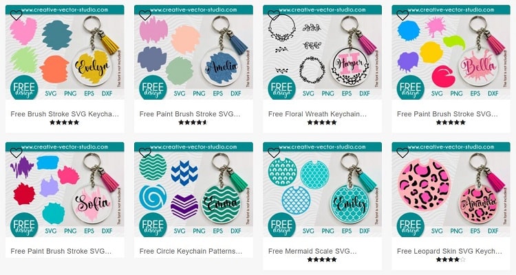 collage of eight free keychain svg bundles for making round acrylic keychains with Cricut