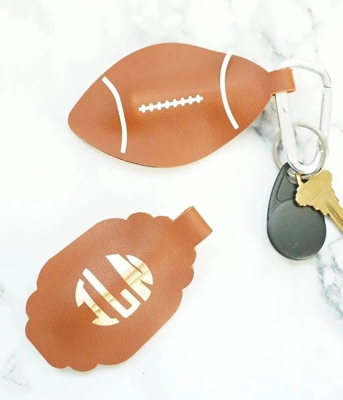 display of easy and no stitch DIY keychain projects made with faux leather