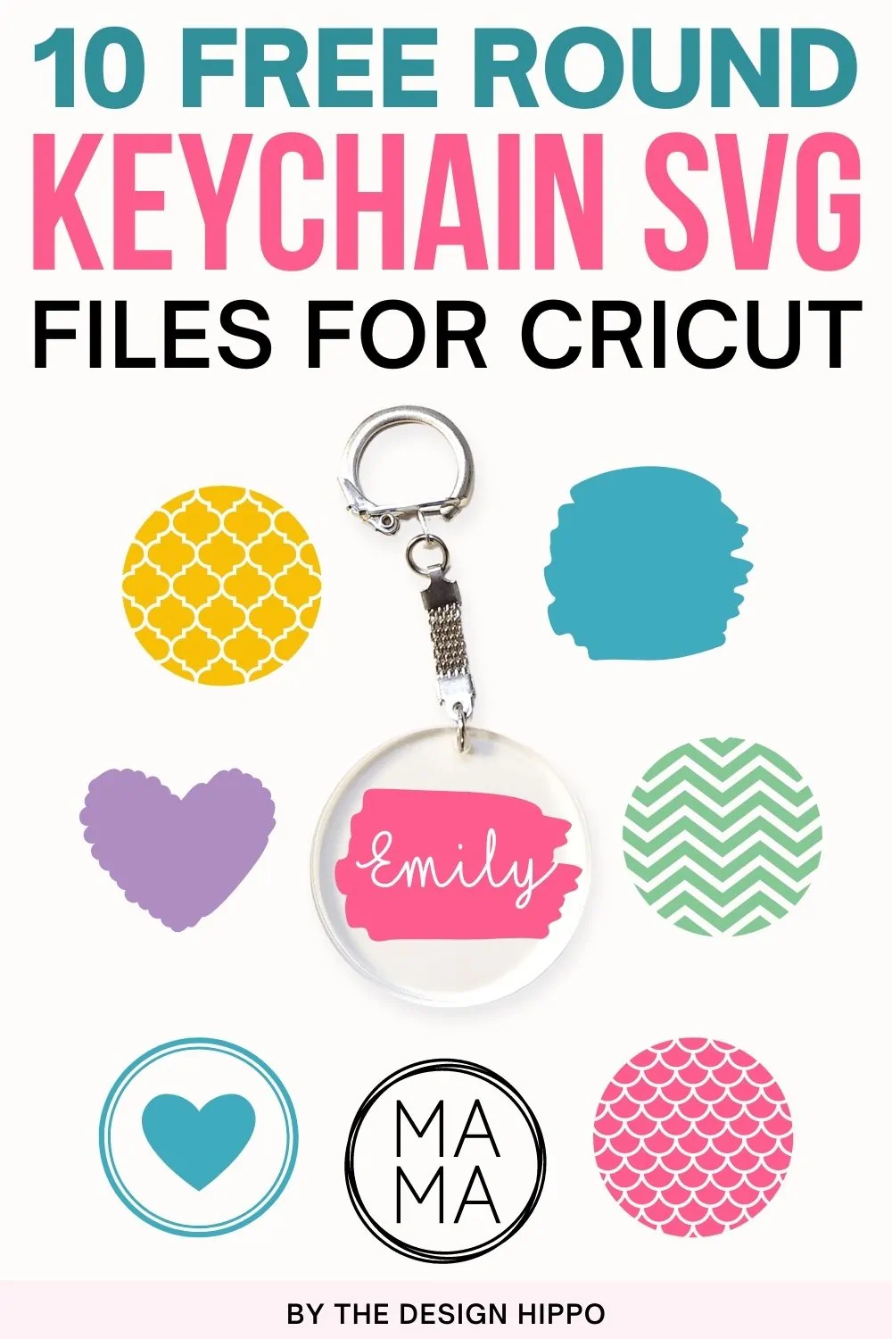 collage of circle keychain SVG designs with the text - 10 free round keychain SVG files for Cricut