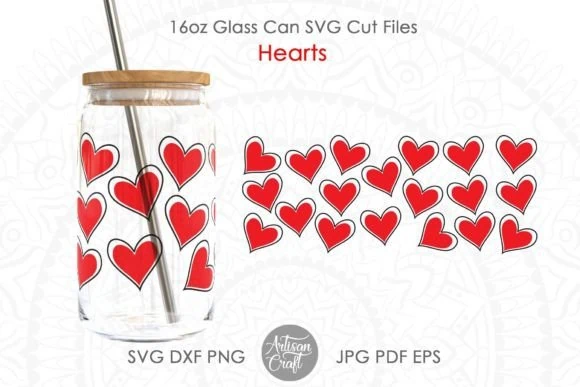 display of 16 oz libbey can glass wrap hearts design on Beer can glass made using Cricut