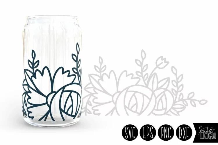 display of free floral bouquet can wrap design on a 16 oz libbey beer can glass