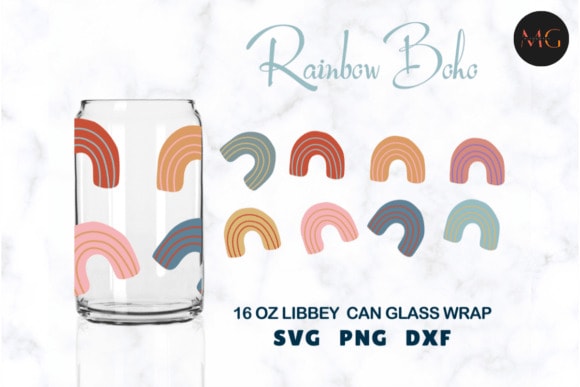 display of free boho rainbow wrap design for 16 oz libbey beer can glass