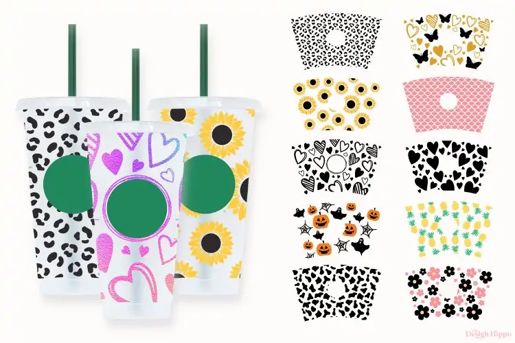 collage of free Starbucks tumbler wrap SVG images along with three custom 24 oz Starbucks venti cold cups made with Cricut maker