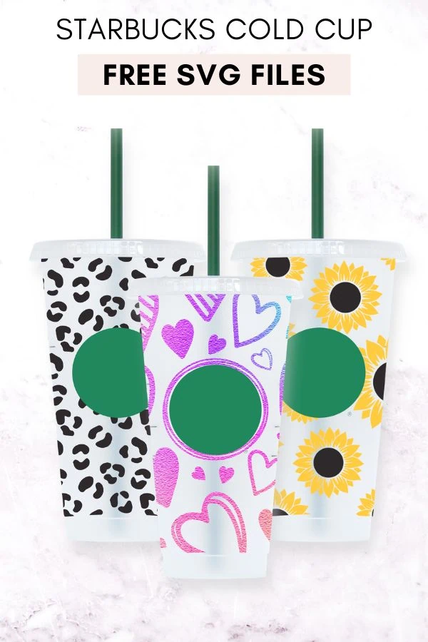 collage of free Starbucks cup wrap svg designs on three 24 oz Starbucks venti cold cups made with Cricut maker