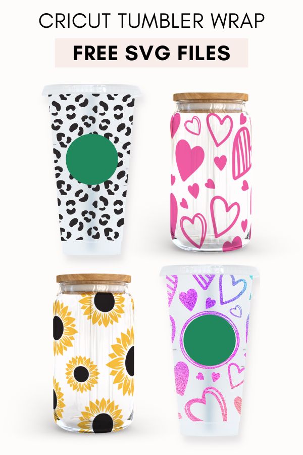 display of free tumbler wrap SVG designs on four different tumblers made using a Cricut machine