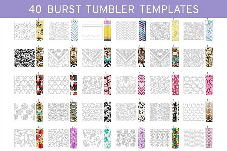 collage of burst template SVG designs for 20 oz skinny straight tumblers