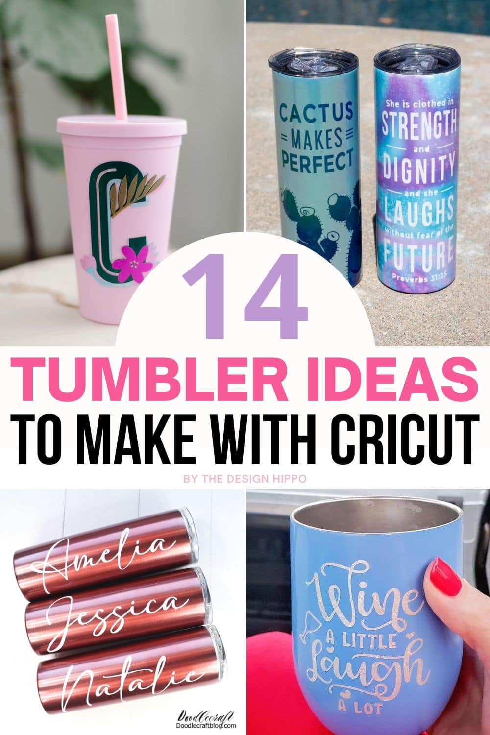 collage of Cricut tumbler project ideas with the text "14 tumbler ideas to make with Cricut"