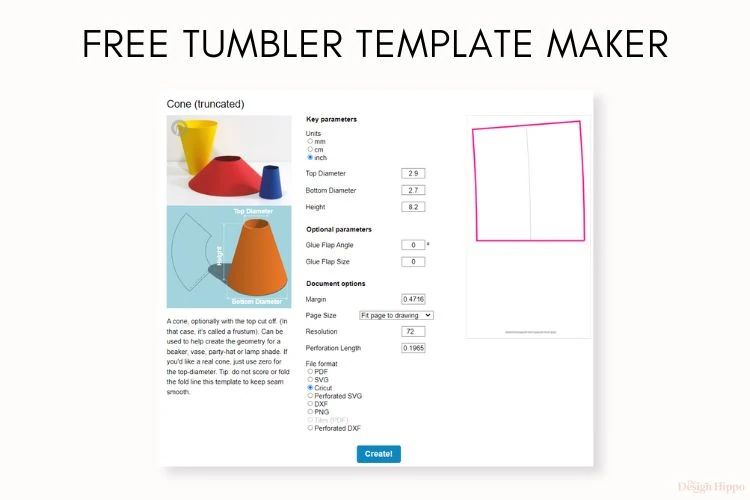 display of free tumbler template maker tool with options to select for making a tapered template for Cricut