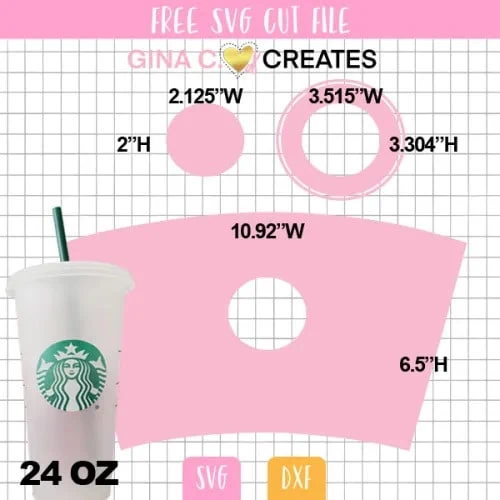display of 24 oz Starbucks cold cup wrap and logo ring SVG designs along with measurements for vinyl cutting machines