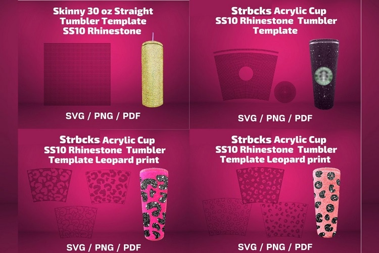 collage of four rhinestone tumbler wrap template SVG designs for Cricut and Silhouette cutting machines