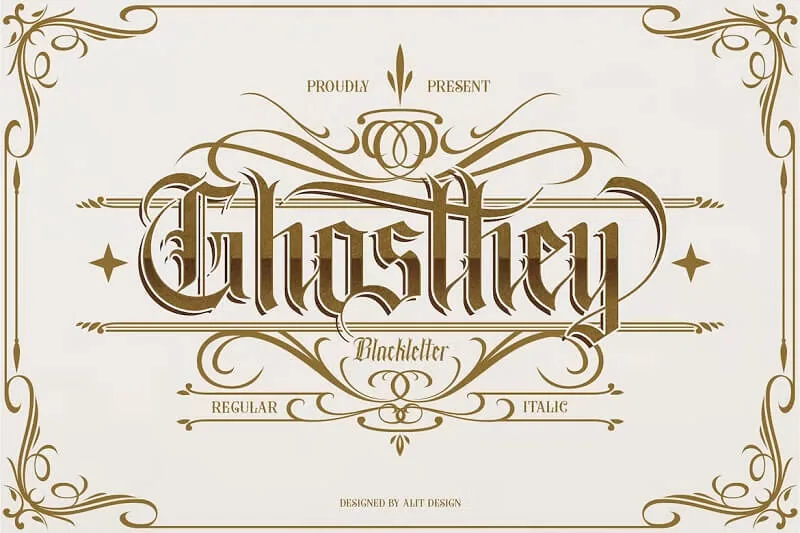 display of a fancy old english calligraphy font, ghosthey typeface